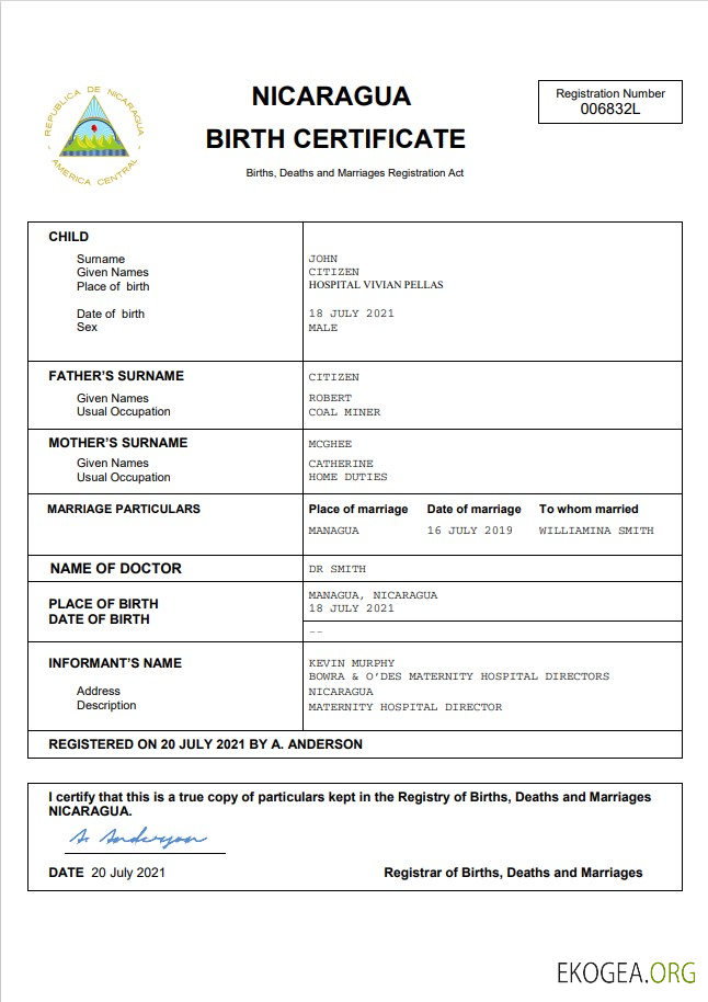 Acte d'état civil du Nicaragua Modèle Word et PDF